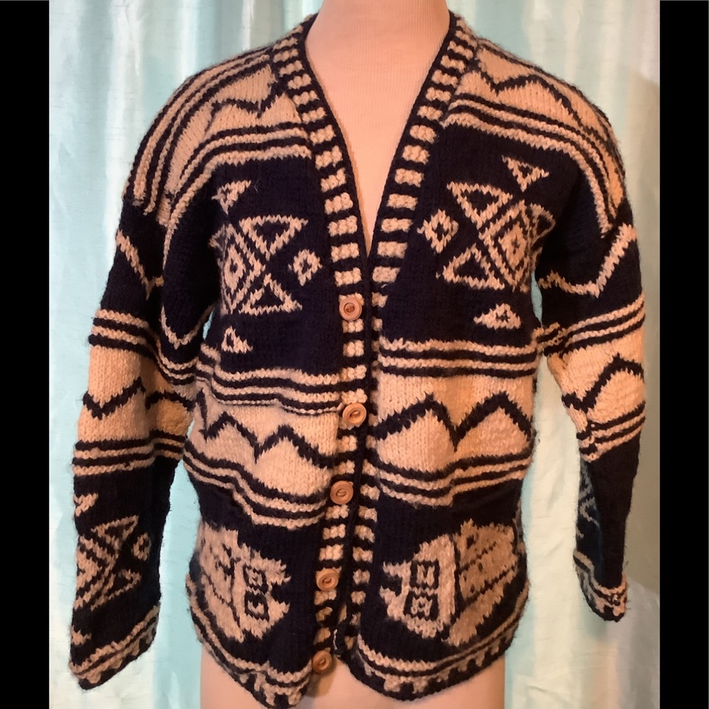 Handmade sweater 100% Wool w/pockets, fish pattern - Picture 2 of 6